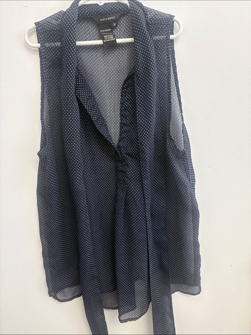 Jules & Leopold Navy Sheer Polka Dot Tie-Front Sleeveless Blouse